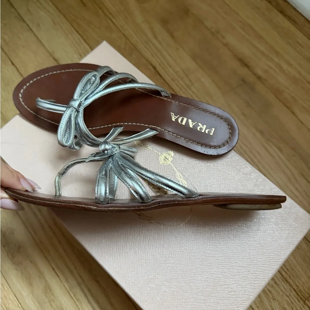 Prada Silver Leather Bow Sandals - Picture 2 of 4